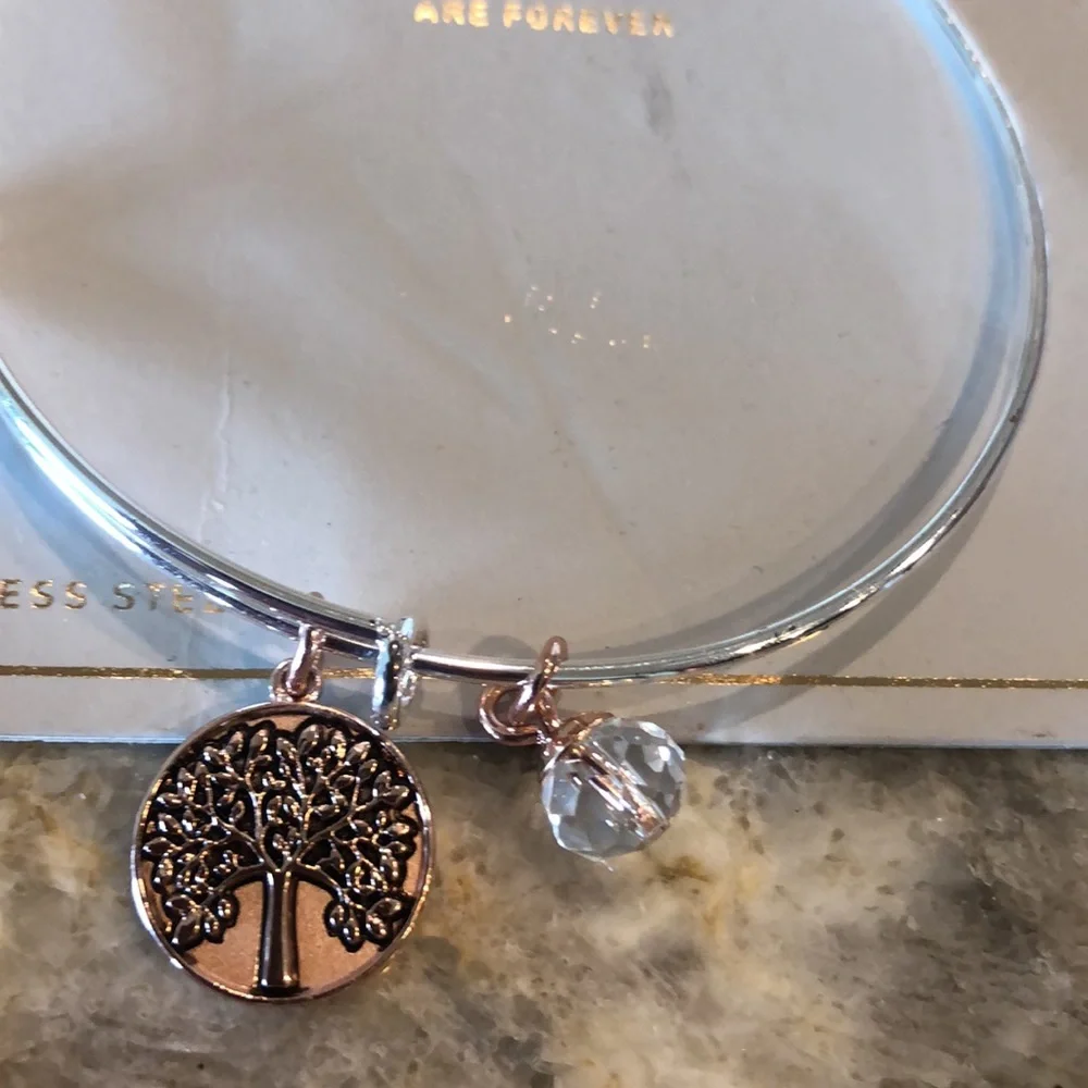 new Silver-finish bracelet with a sleek wire design and 3 hanging charms